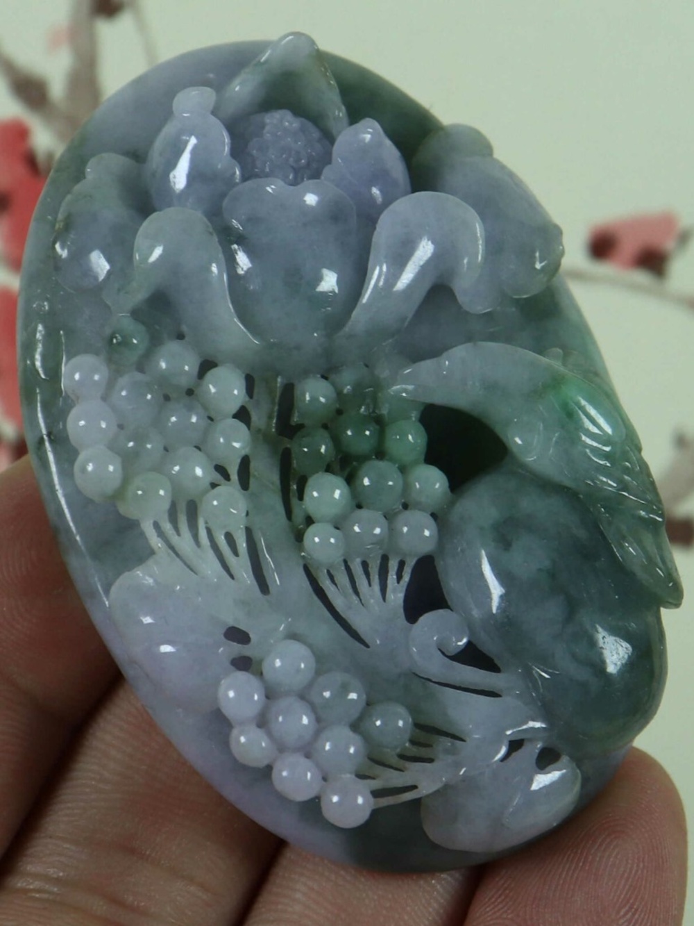 Cert'd Green Lavender Natural A Jade jadeite Pendant Hollowed Flower Bird
